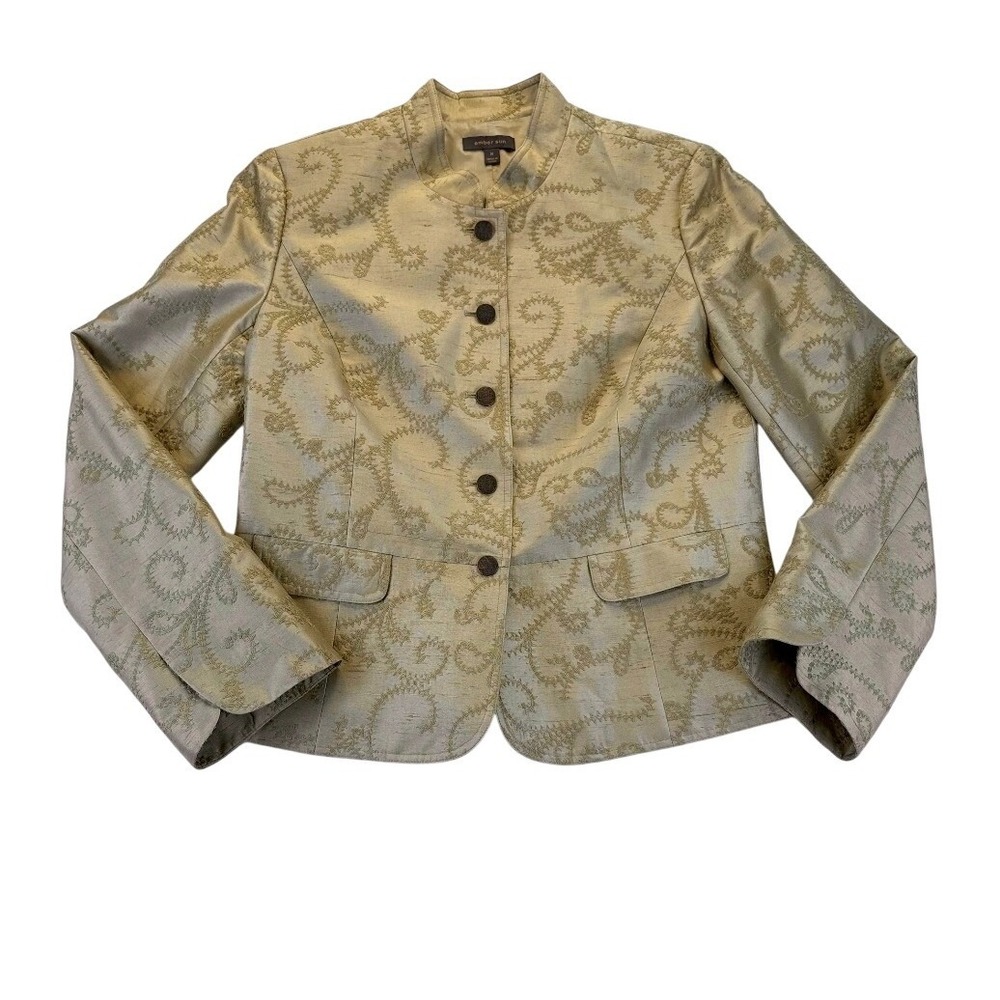 Amber Sun Womens 100% Raw Silk Embroidered Mandarin Collar Blazer Jacket Green 8